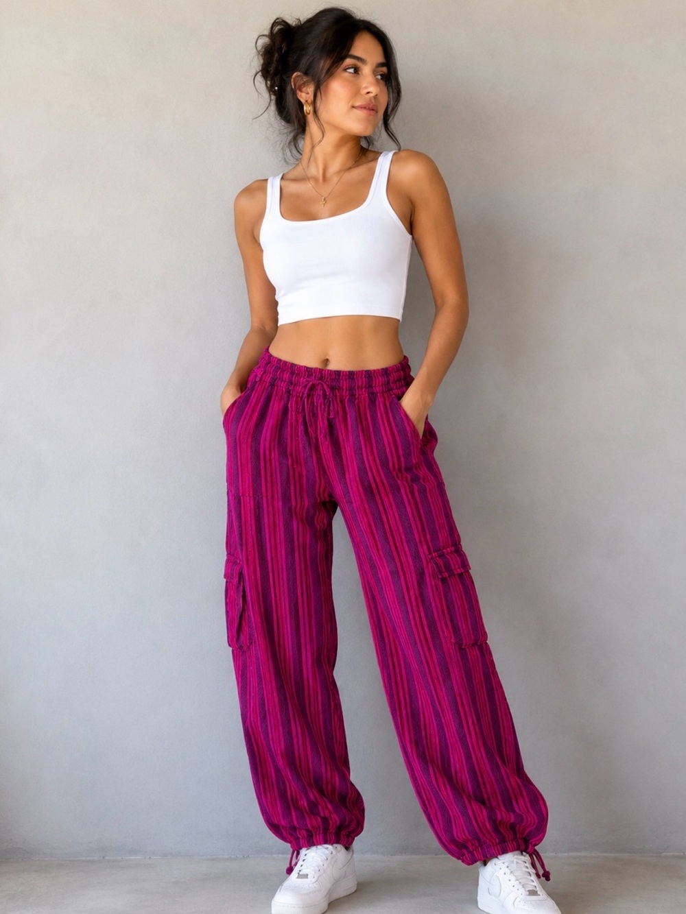 Striped Pink Drawstring Cargo Pants